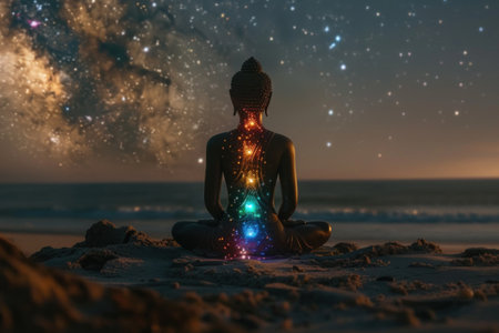 A person is seated on the sand with their back facing the camera, their posture relaxed and contemplative. The individual is alone in the scene, surrounded by a vast expanse of sandy beachの素材