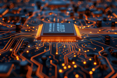 A close-up view of a processor chip securely placed on a printed circuit board, showing intricate electrical connections and componentsの素材