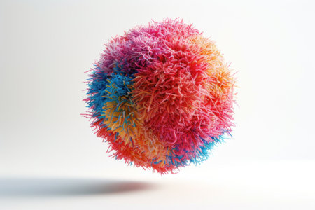 A vibrant and multicolored ball of yarn is featured on a crisp white background, showcasing a variety of hues in a neatly wound presentation. The yarn appears soft and fluffy, ready for use in a variety of knitting or crocheting projectsの素材