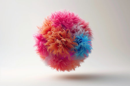 A multicolored ball of yarn is caught mid-air, with various colors intertwining as it flies through the sky against a clear backdrop. The yarn ball appears buoyant and weightless, showcasing its colorful strands in motionの素材