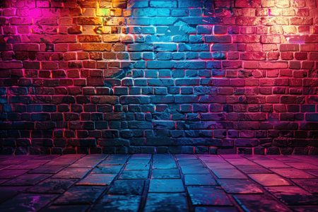 A room featuring a brick wall adorned with colorful lights, creating a lively and dynamic atmosphere. The lights cast a radiant glow, enhancing the textures and colors of the bricksの素材
