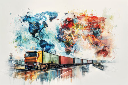 A detailed painting depicting a train traveling across the canvas, with a world map subtly displayed in the background. The train is prominent, showcasing intricate details like the wheels, engine, and cars, while the map adds a global element to the sceneの素材