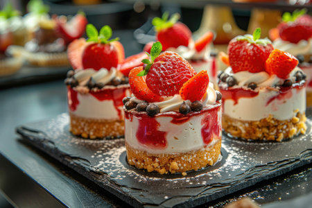 A close-up view of a variety of small desserts neatly arranged on a tray. The desserts appear to be bite-sized and colorful, showcasing a selection of sweets for a dessert platterの素材