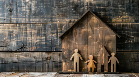 Three individuals, two men, and a woman, standing in front of a rustic wooden house. The house has a traditional design with a pitched roof and wooden siding. The people are casually dressed and appear to be smilingの素材