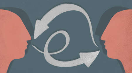 illustration. Two people, and communication between them. Collaboration, ways of transferring...