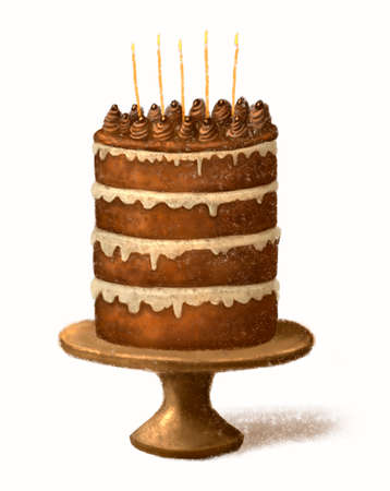 painted chocolate birthday cake with light cream, chocolate decorations on top and burning candles,...