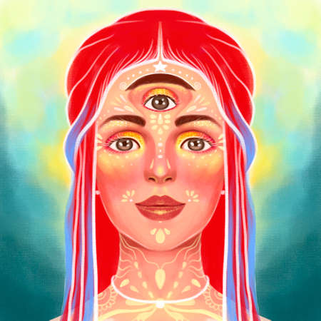 illustration portrait of a girl with a third eye, meditation, supersenses, enlightenment, supernatural. Bright color drawingの写真素材