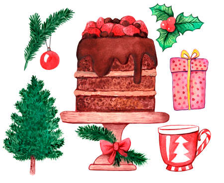 watercolor bright hand-drawn christmas set with elements on white background. Cake, Christmas tree, gift, mugの写真素材