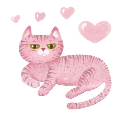 illustration of a cute pink striped cartoon cat with hearts around him. The cat lies looking at the camera. Funny characterの写真素材