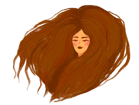 illustration of a pretty girl with very long and lush dark hairの写真素材