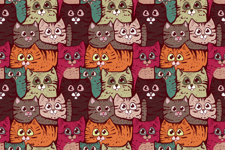 seamless illustration with many cute multicolor cartoon cats with big eyes. Background for wrapping, scrapbooking, printsの写真素材