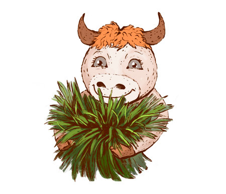 illustration of a happy fair cow with red hair and horns holding an armful of fresh greensの写真素材