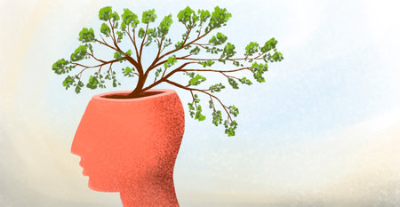 profile illustration with tree growing out of the head. Reflections, inspiration, psychology,...