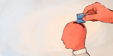 illustration of a head as a piggy bank of knowledge for success in life. The analogy of education, study, improvement of skills, knowledgeの写真素材