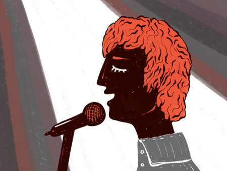 illustration of a red-haired singer with a microphone. Flat illustration in retro styleの写真素材