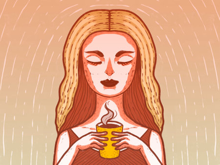 illustration of a girl with a mug of hot drink in her hands, tea or coffee. Girl with closed eyes, while enjoying a drinkの写真素材