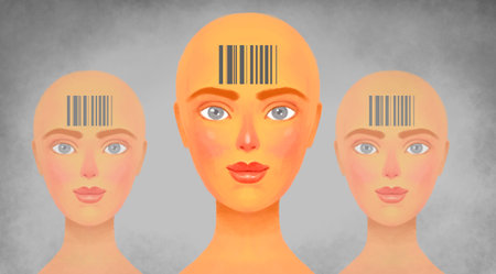 enslavement of a person, a stamp on the head, a barcode instead of a name. lack of freedom of modern man, slave futureの写真素材
