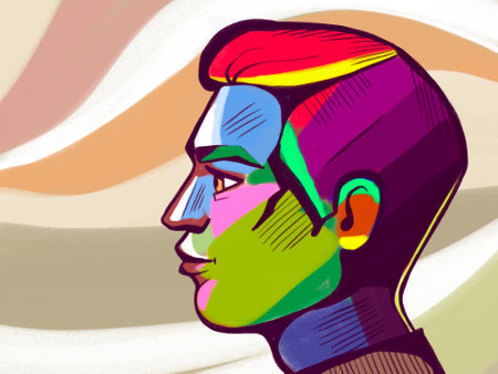 multicolor profile of a man, geometric shapes, bright colors. Businessman, man, young man