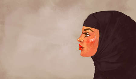 illustration of a beautiful Muslim woman in a traditional headdress. Background with place for textの写真素材
