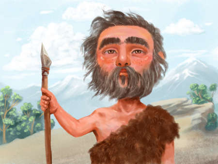 illustration of a color portrait of a prehistoric ancient caveman wearing a spear and a bear skin....
