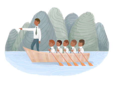 illustration metaphor of teamwork business work. The symbol of the boss leading the corporation forward. Company on a boat led by a leaderの写真素材