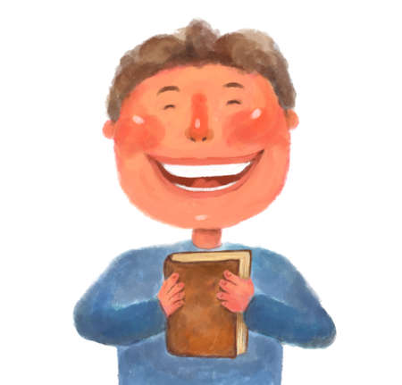illustration of a boy happy and smiling with a textbook book in his hands. Hand drawn student drawingの写真素材