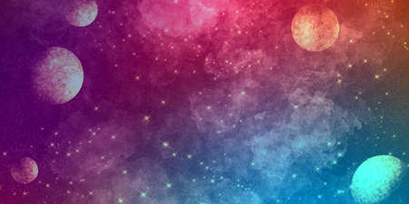 cosmic abstract bright impressive deep multicolor background with planets, stars and nebulae. Purples, reds, blues vibrant shadesの写真素材