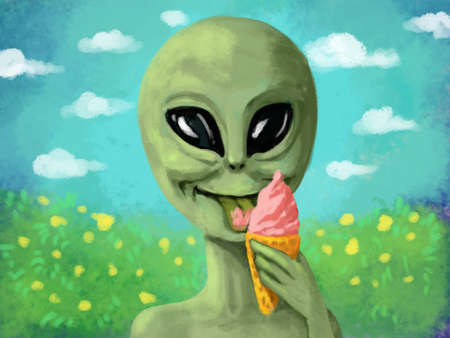 ufo, green funny cute alien with a pink ice cream cone in his hands, eats and smiles. Against the...