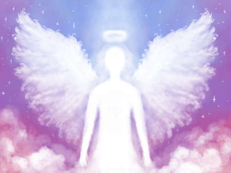 Angel, Lord, soul with wings against the background of the sky and clouds. White glowing figure with...