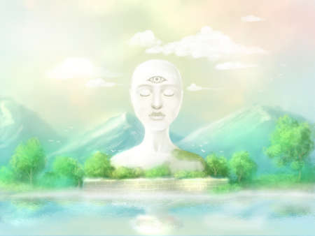 Spiritual enlightenment symbol. White statue with the third eye near the water at sunrise against the background of mountains.の写真素材