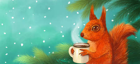 illustration of cute christmas winter poster, banner. Red-haired cartoon squirrel with a mug of bitter tea or coffee on the background of spruce branches and snowfallの写真素材
