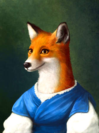 hand drawn portrait of fox in old classic style. Lady style fox in vintage dress on dark backgroundの写真素材