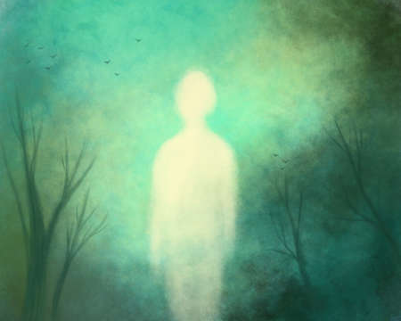 mystical illustration of the soul, ghost, spirit. White translucent white silhouette against a mystical background of green shades, trees and birdsの写真素材