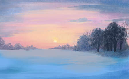 winter color hand-drawn bright multicolor winter landscape. The sky, trees and snow against the background of the dawn sky, or sunset. Peace and quietの写真素材
