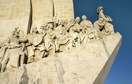 Lisbon, Portugal - September 17, 2006: Detail on figures on side of Monument of Discoveries statute...