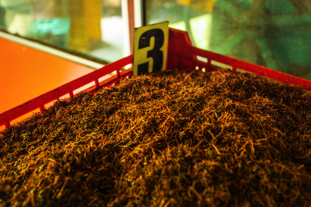 Detail of bulk Ceylon tea (orange pekoe leaves being dried) in plastic box labeled number 3, with green scenery behind windows. Kadugannawa Tea Factory, Kandy, Sri Lankaの写真素材