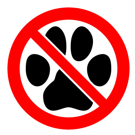 No pets allowed sign. Black cat or dog paw footprint in red crossed circle symbol.のイラスト素材