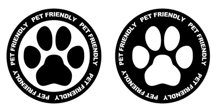 Pets allowed sign. Black and white paw symbol in circle with pet friendly text written on it.のイラスト素材