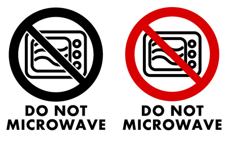 Do not microwave symbol. Oven icon in crossed circle with text under. Black and white / red version.のイラスト素材