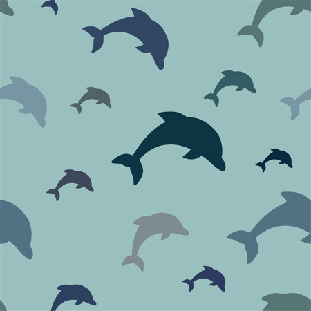 Seamless pattern - simple jumping dolphins in various shades of blue on aqua background.のイラスト素材