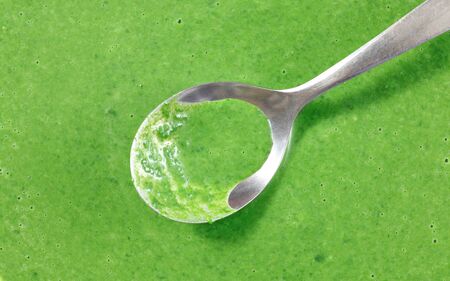 Top down view - simple spoon in spinach cream soup, closeup with small bubble visible on green surface, healthy food conceptの写真素材