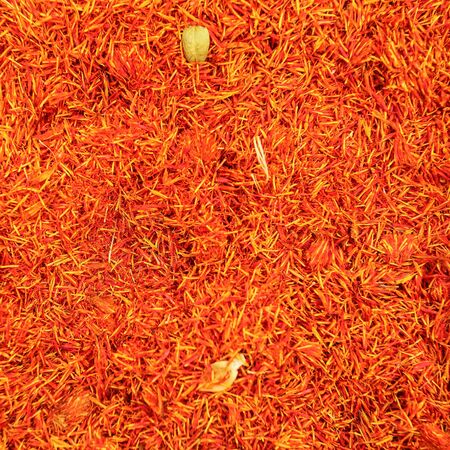 Top view, detail on bright orange red saffron (Crocus sativus) spice displayed on food market, Kyrenia, Northern Cyprusの写真素材