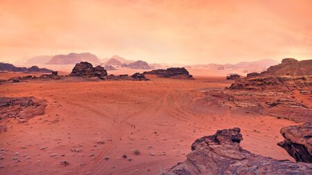 Red Wadi Rum desert in Jordan reminiscent of planet Mars, this location was used as set for many science fiction movies.の写真素材