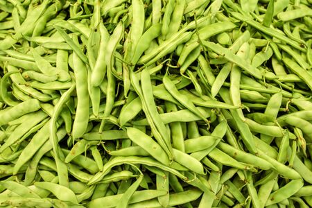 Green beans displayed on food market, shot from above.の写真素材