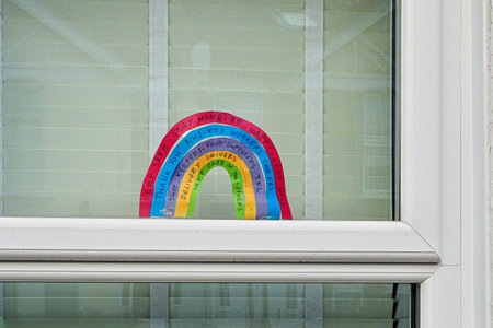London, United Kingdom - May 04, 2020: Hand drawn rainbow expressing thank to NHS and key workers displayed at house in Lewisham, during coronavirus covid-19 outbreakのeditorial素材