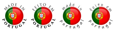 Simple Made in Portugal / Portuguese translation 3D button sign. Text around circle with national flag. Decent and casual font version.のイラスト素材