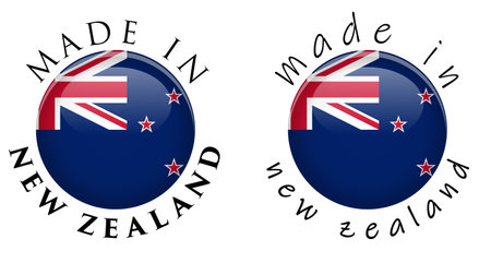 Simple Made in New Zealand 3D button sign. Text around circle with national flag. Decent and casual font version.のイラスト素材