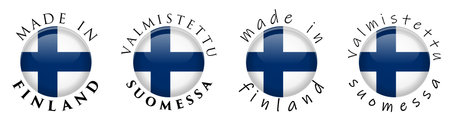 Simple Made in Finland / Valmistettu Suomessa (Finnish translation) 3D button sign. Text around circle with national flag. Decent and casual font version.のイラスト素材