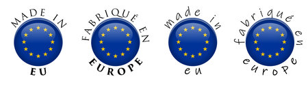 Simple Made in EU/ Fabrique en Europe (French translation) 3D button sign. Text around circle with European Union flag. Decent and casual font version.のイラスト素材