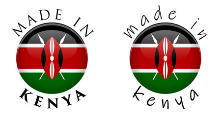 Simple Made in Kenya 3D button sign. Text around circle with Kenyan flag. Decent and casual font version.のイラスト素材